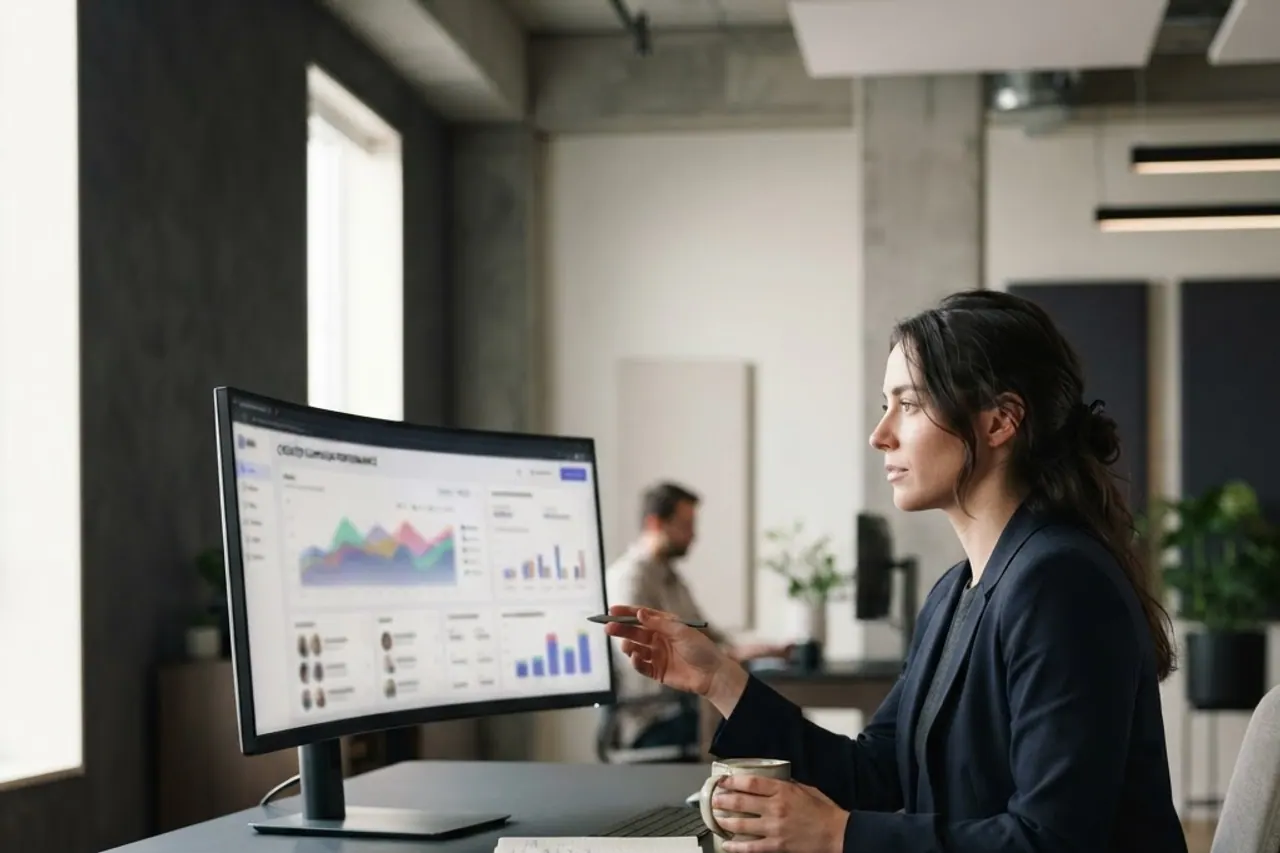 Creator marketing strategist reviewing campaign analytics in a modern workspace
