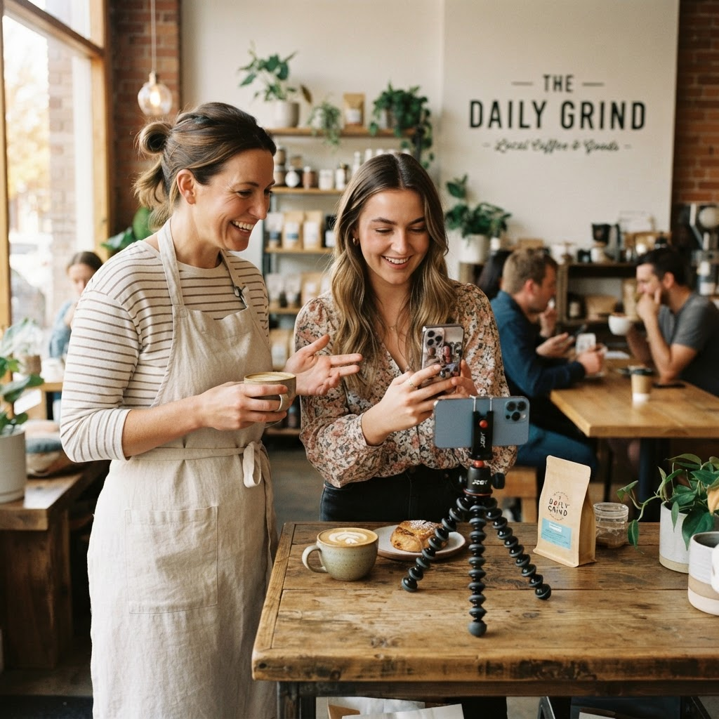 Small business owner collaborating with a local content creator on a marketing campaign