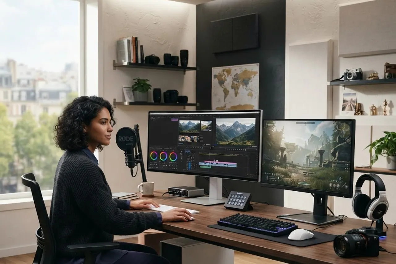 Travel content creator editing destination stories in a professional studio