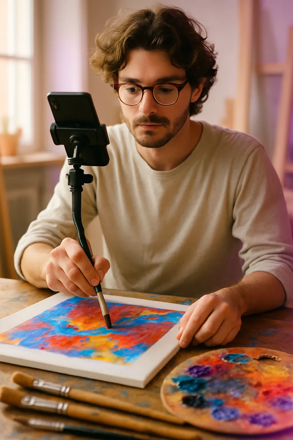 Art content creator filming at work