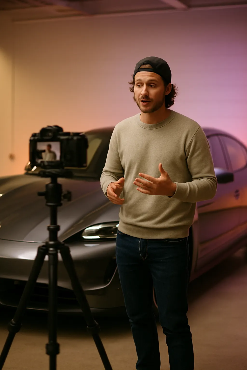 Automotive content creator filming at work