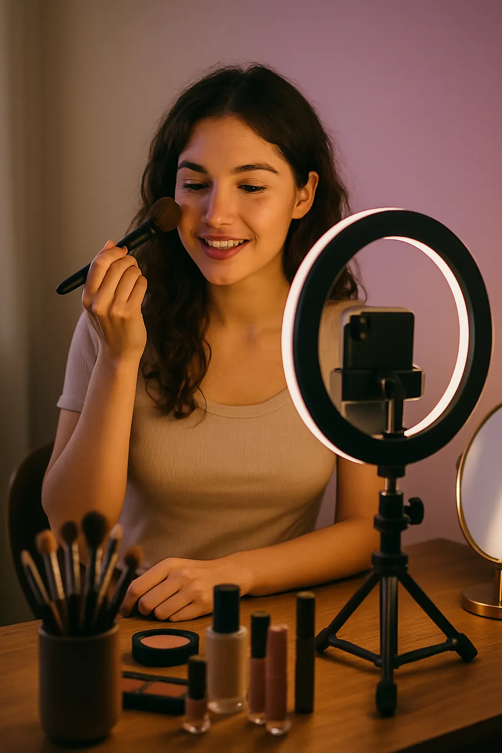 Beauty content creator filming at work