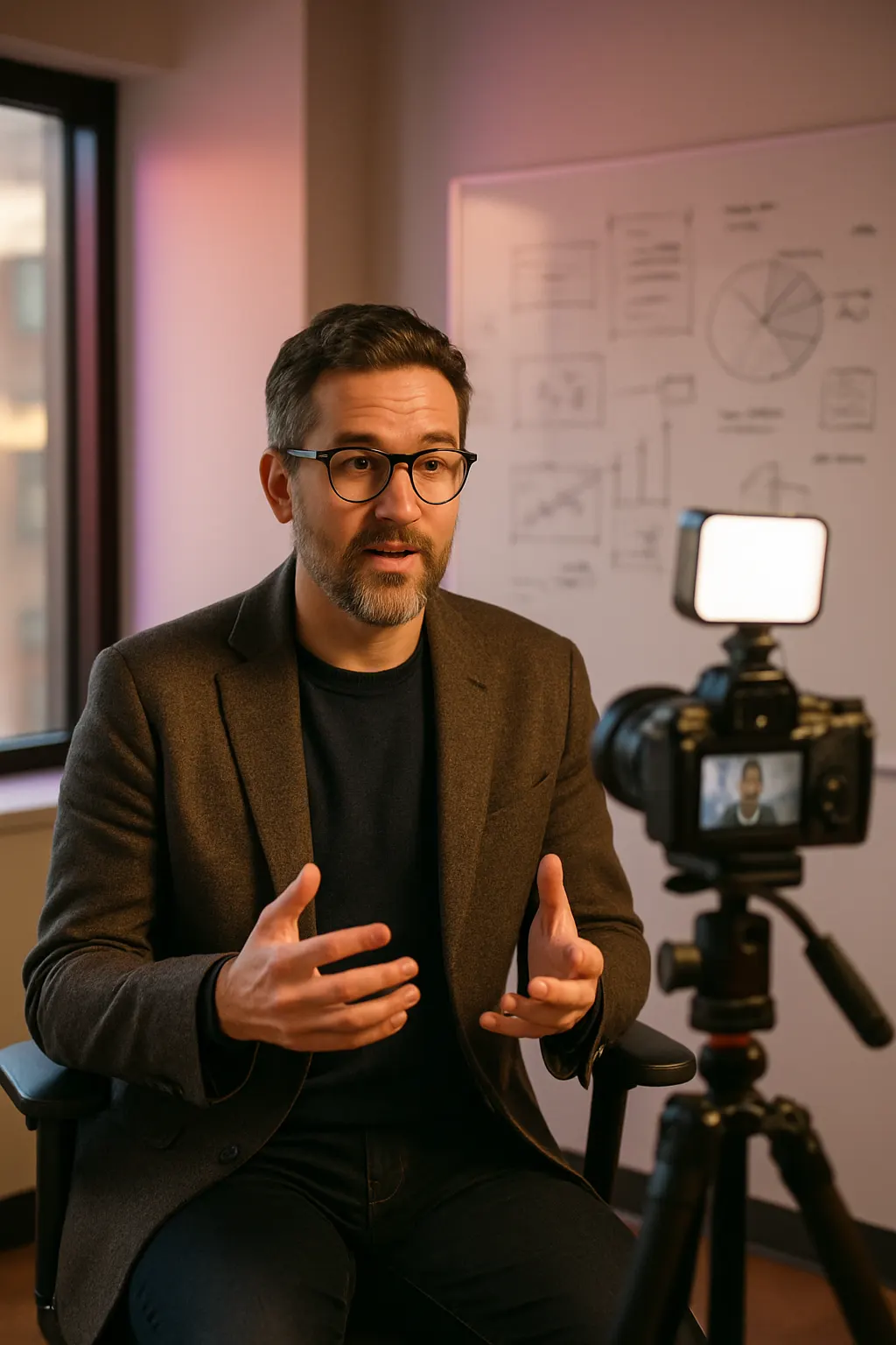 Business content creator filming at work