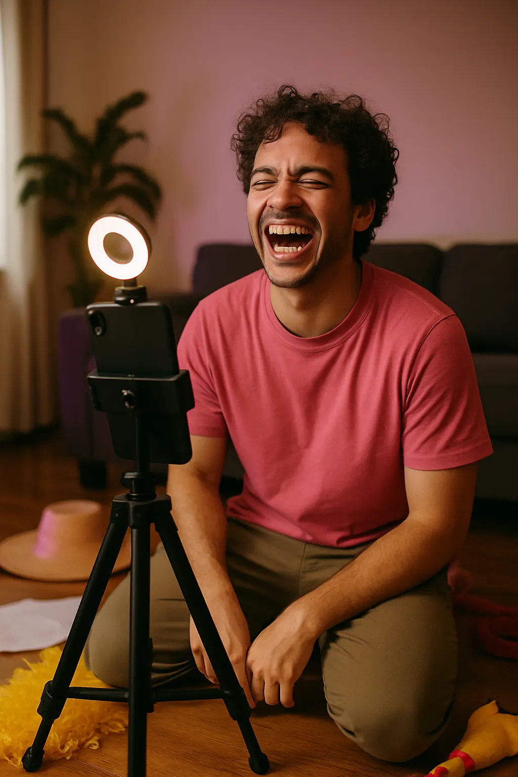Comedy content creator filming at work