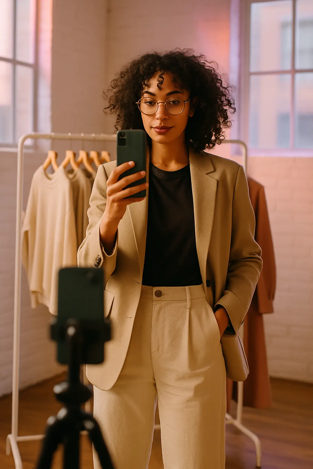 Fashion content creator filming at work