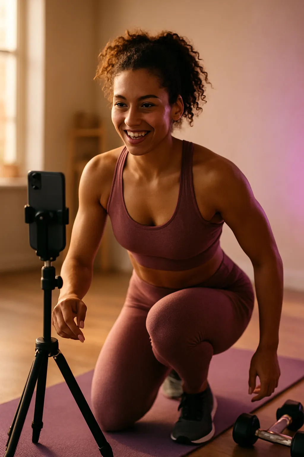 Fitness content creator filming at work
