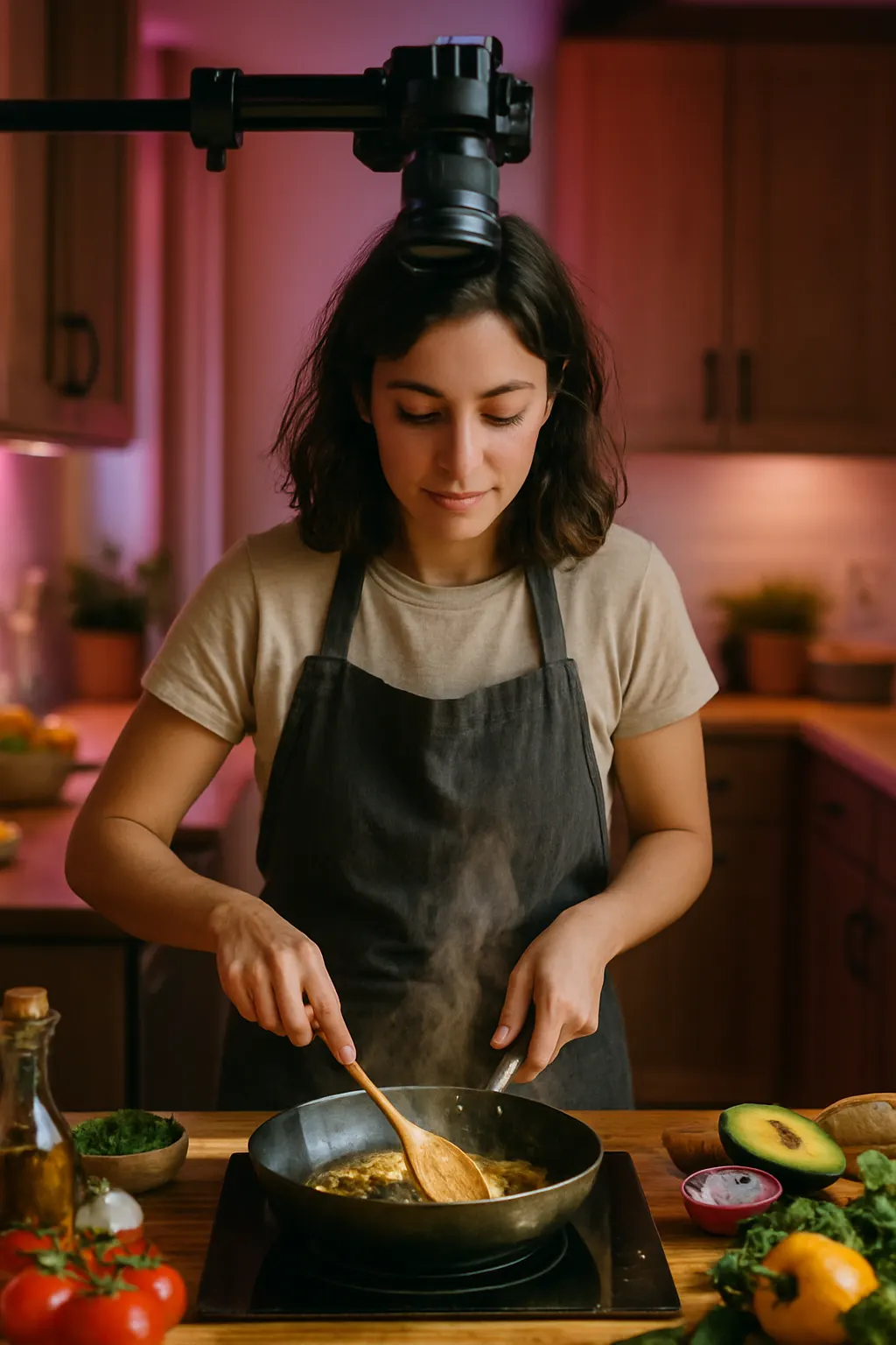 Food content creator filming at work