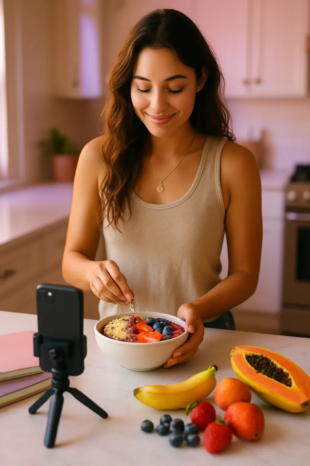 Health content creator filming at work