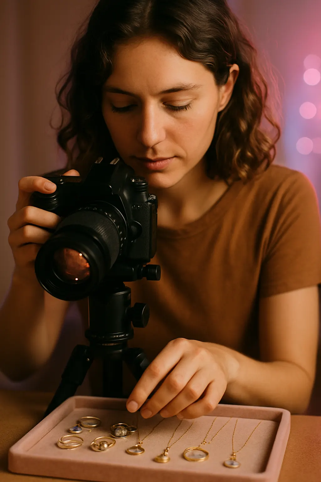 Jewelry content creator filming at work