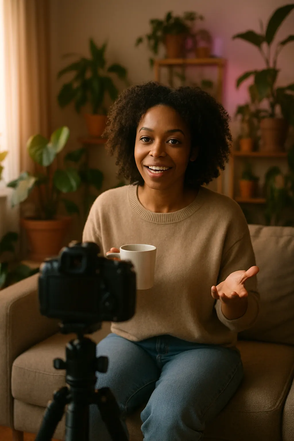 Lifestyle content creator filming at work