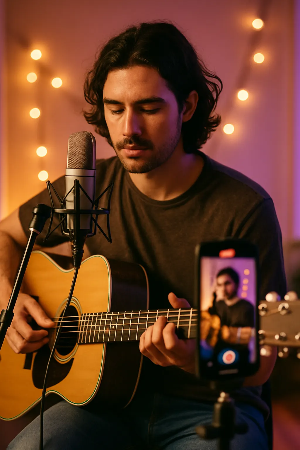 Music content creator filming at work