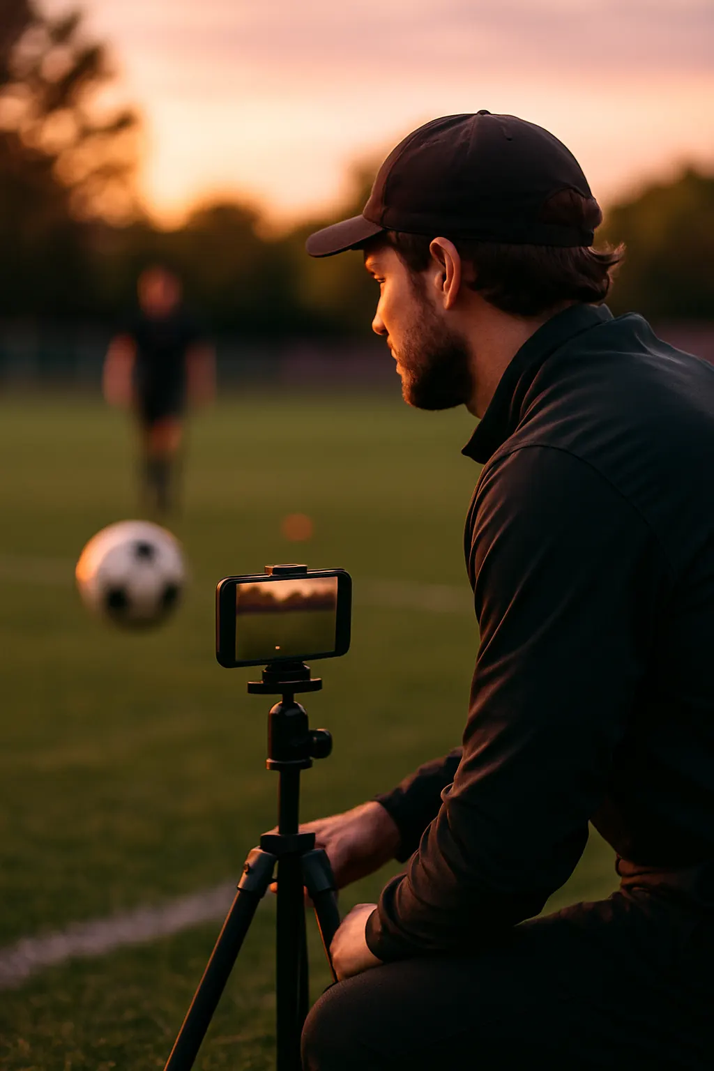 Sports content creator filming at work