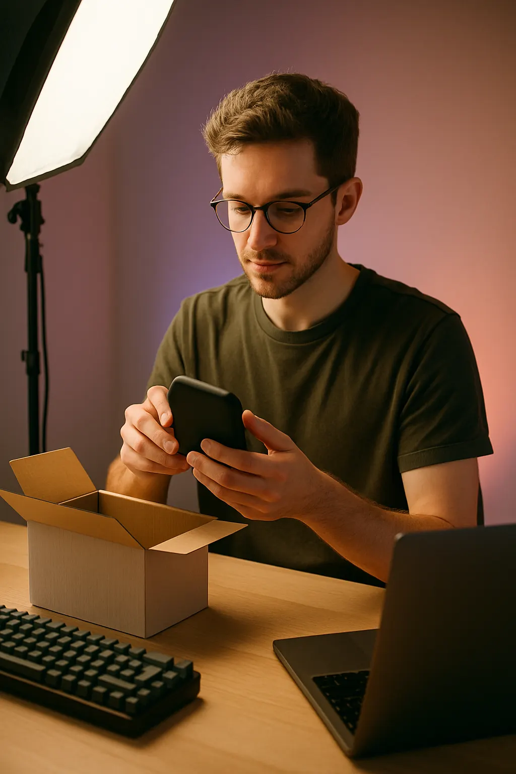 Tech content creator filming at work