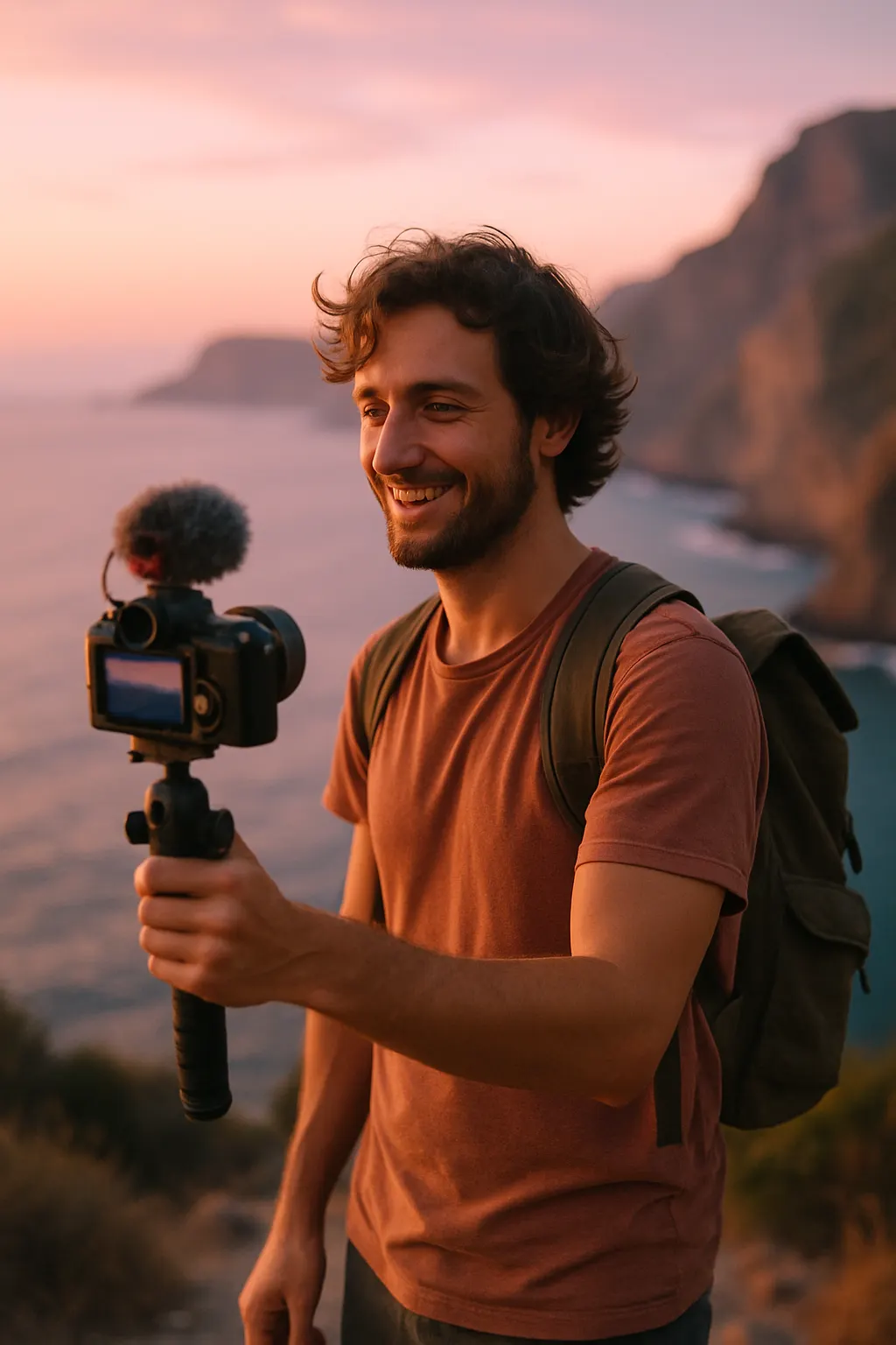 Travel content creator filming at work